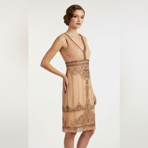 Sue Wong Nocturne Beaded Illusion Mini Dress Size 4 Peach Nude Sequin Showgirl